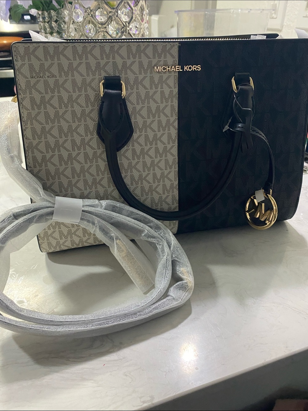 Michael Kors Two-Tone MK Signature Tote in Black & Beige
